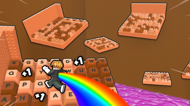 Players racing across giant chocolate keyboards in +1 Speed Keyboard Escape